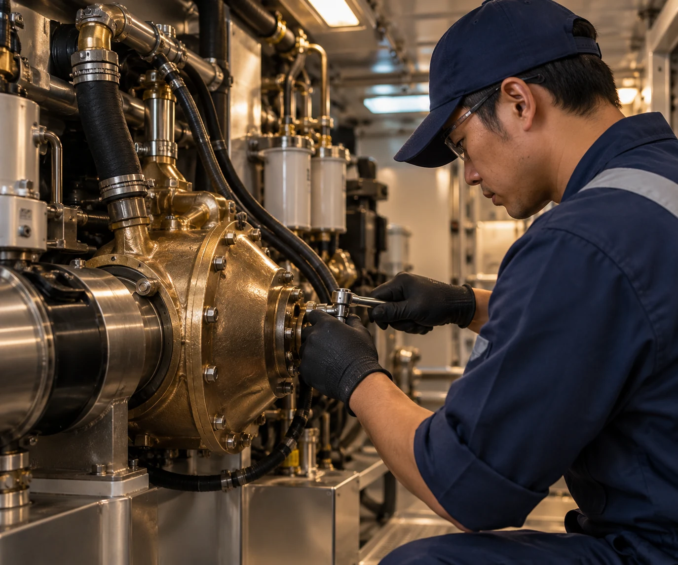 A person in a navy cap and gloves uses a wrench on a brass mechanical assembly in a yacht engine room.