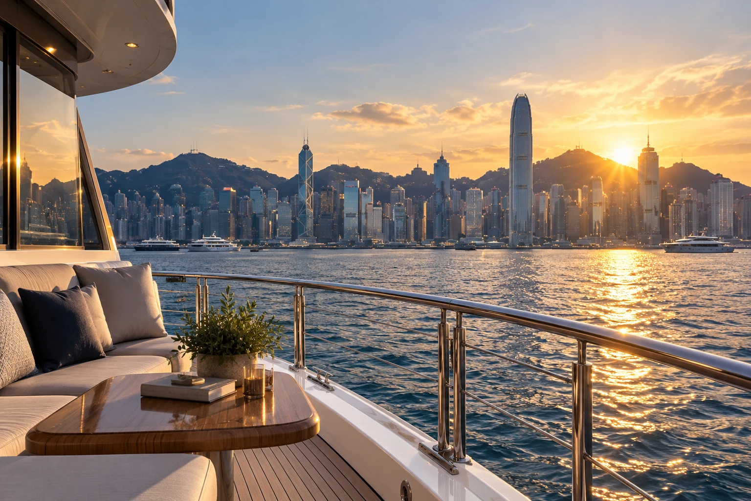 A yacht’s aft deck at sunset.